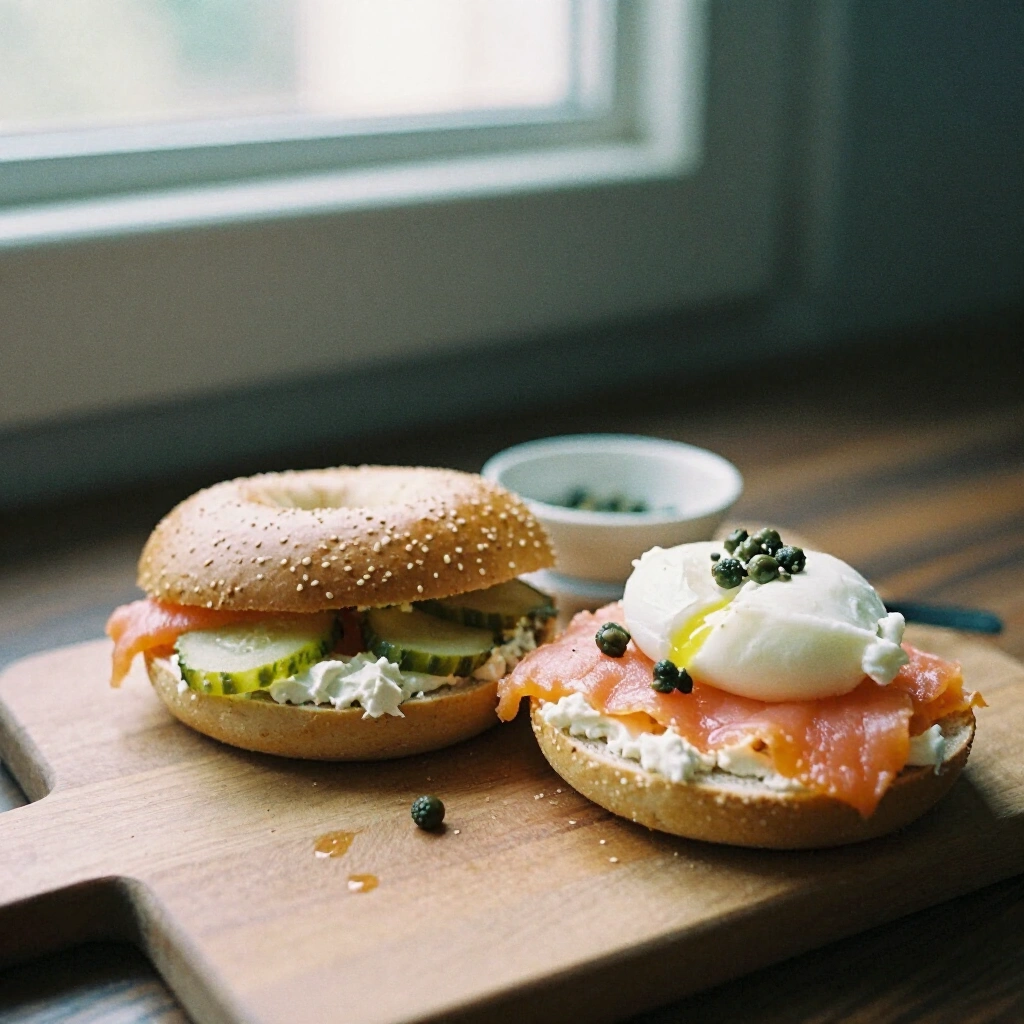 Bagel with smoked salmon, cream cheese, pickled cucumber, capers and a poached egg