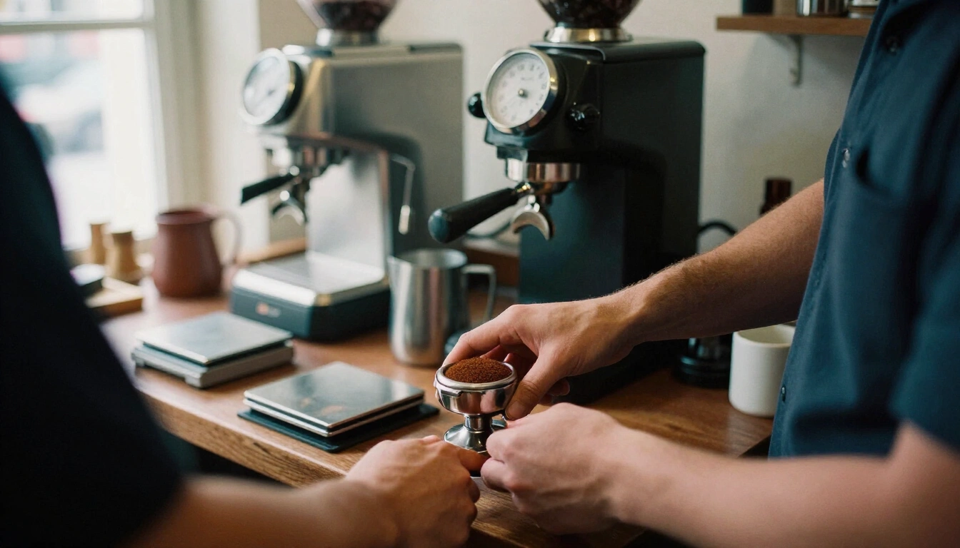 Barista tamping ground coffee into a portafilter on the Four Ate Five bar