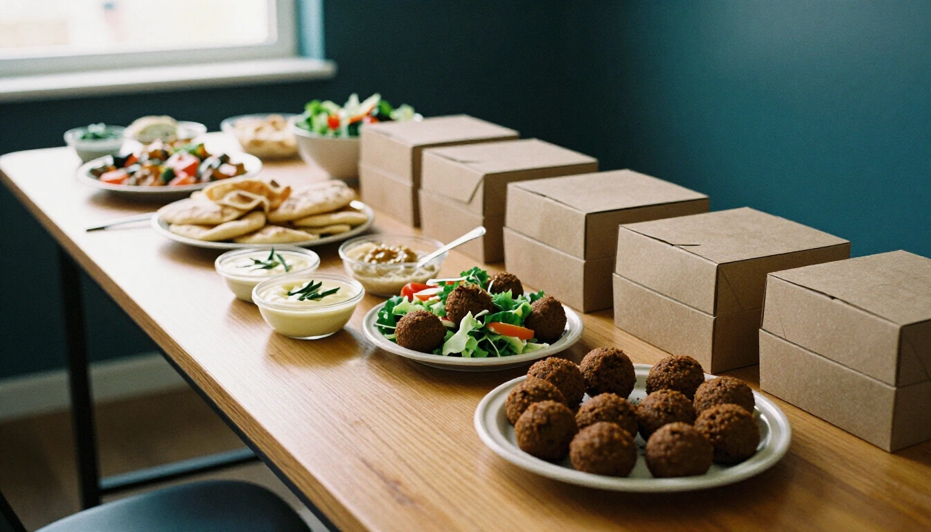 Catering mezze spread of dips, salads, pita and falafel laid out on a long table