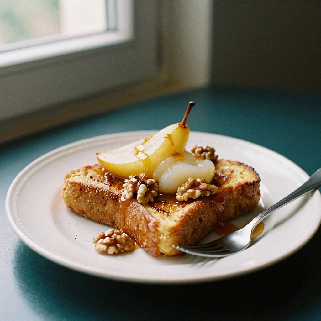 Challah french toast with poached pears, chilli honey and toasted walnuts