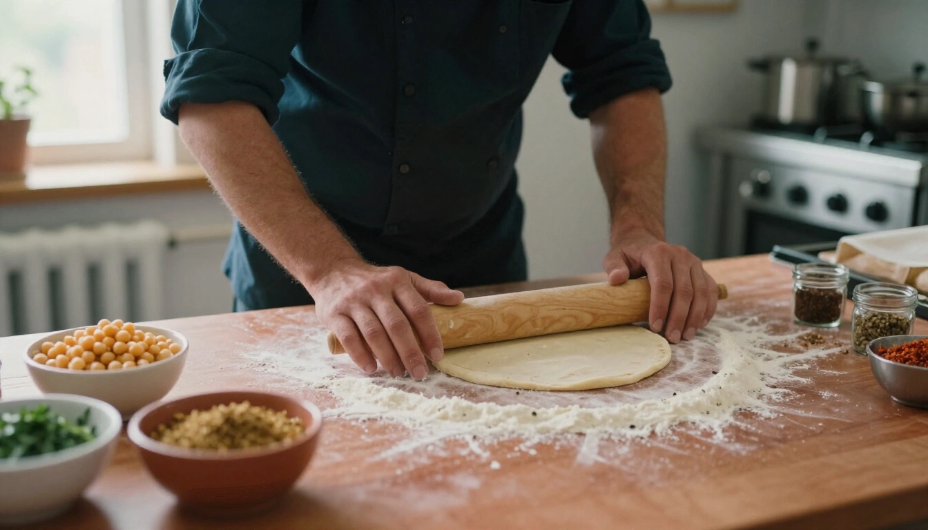 Cook rolling fresh pita dough beside bowls of chickpeas and spices in the kitchen