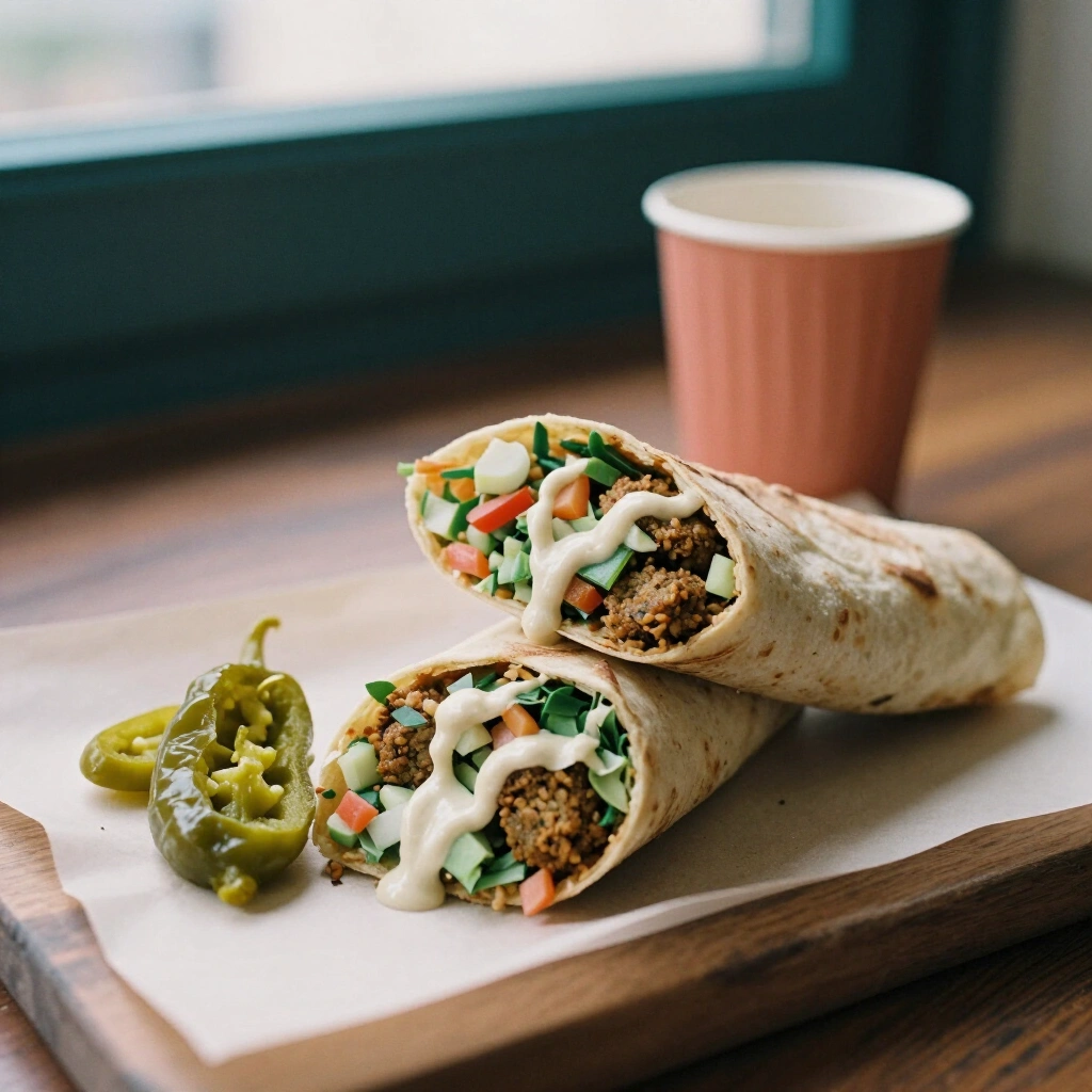Falafel pita filled with chopped salad, tahini and pickled chilli