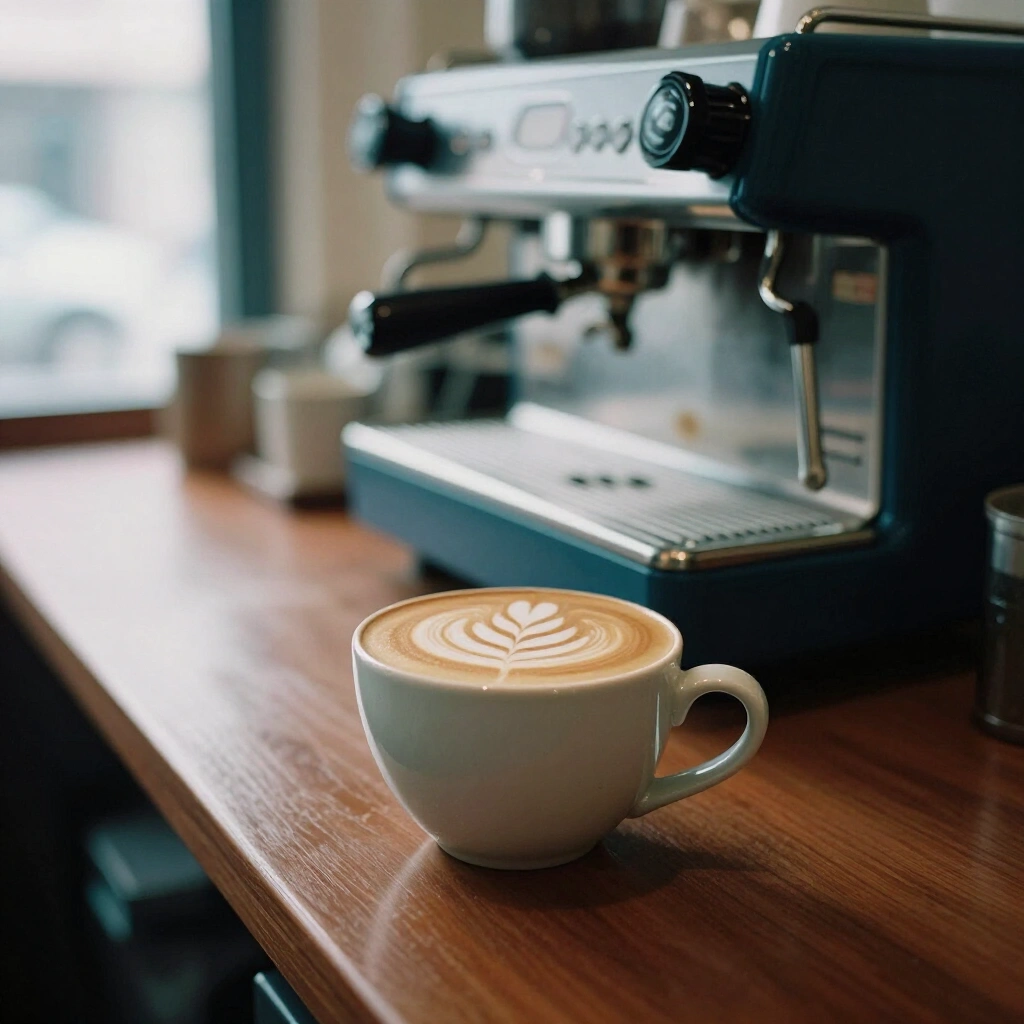 Flat white with rosetta latte art on the Four Ate Five coffee bar