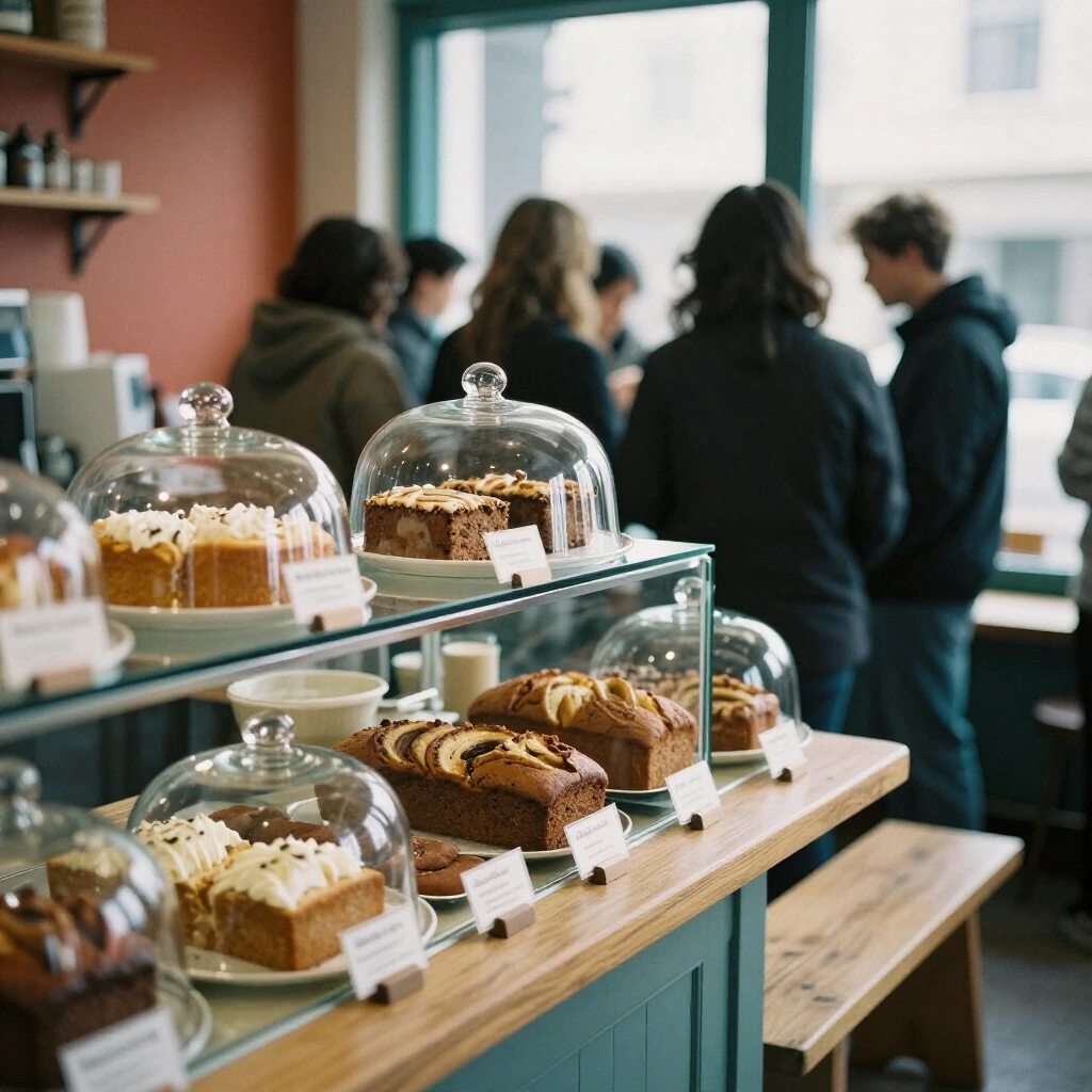 Home made cakes and banana loaf under glass on the cafe counter