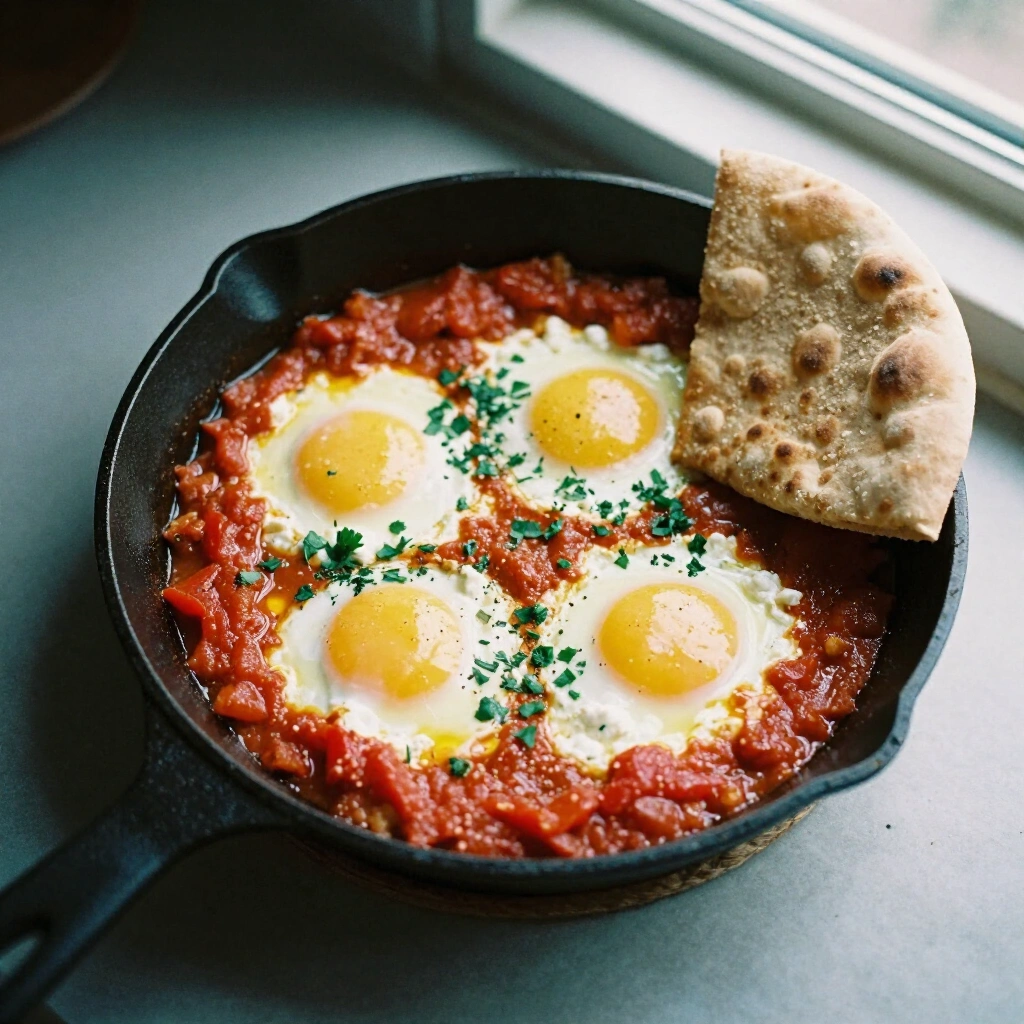Shakshuka baked in a cast iron pan with whipped feta and house made pita