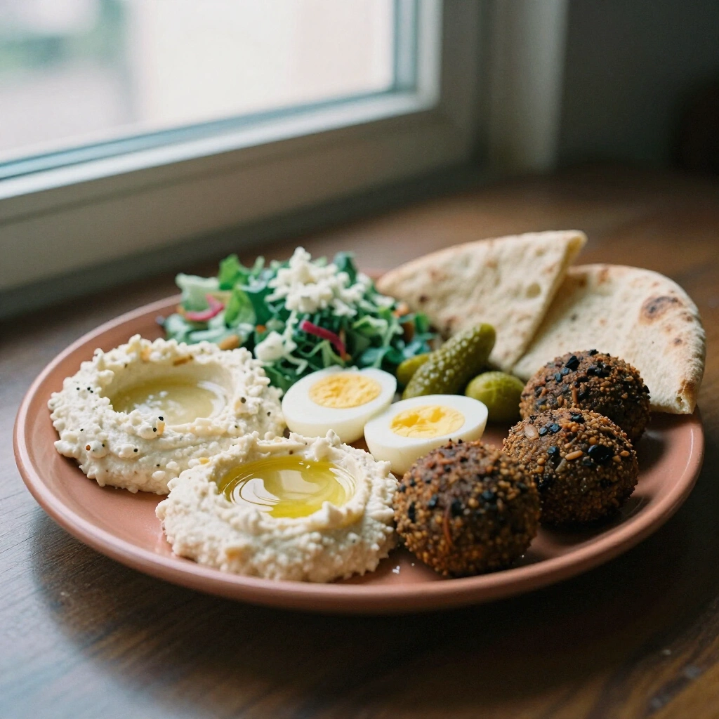 The 485 breakfast plate with falafel, boiled egg, hummus, pickles and chopped salad