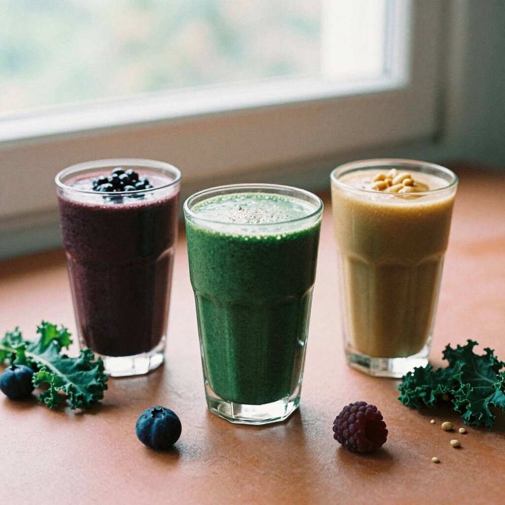 Three superfood smoothies in glasses with fresh fruit on the counter